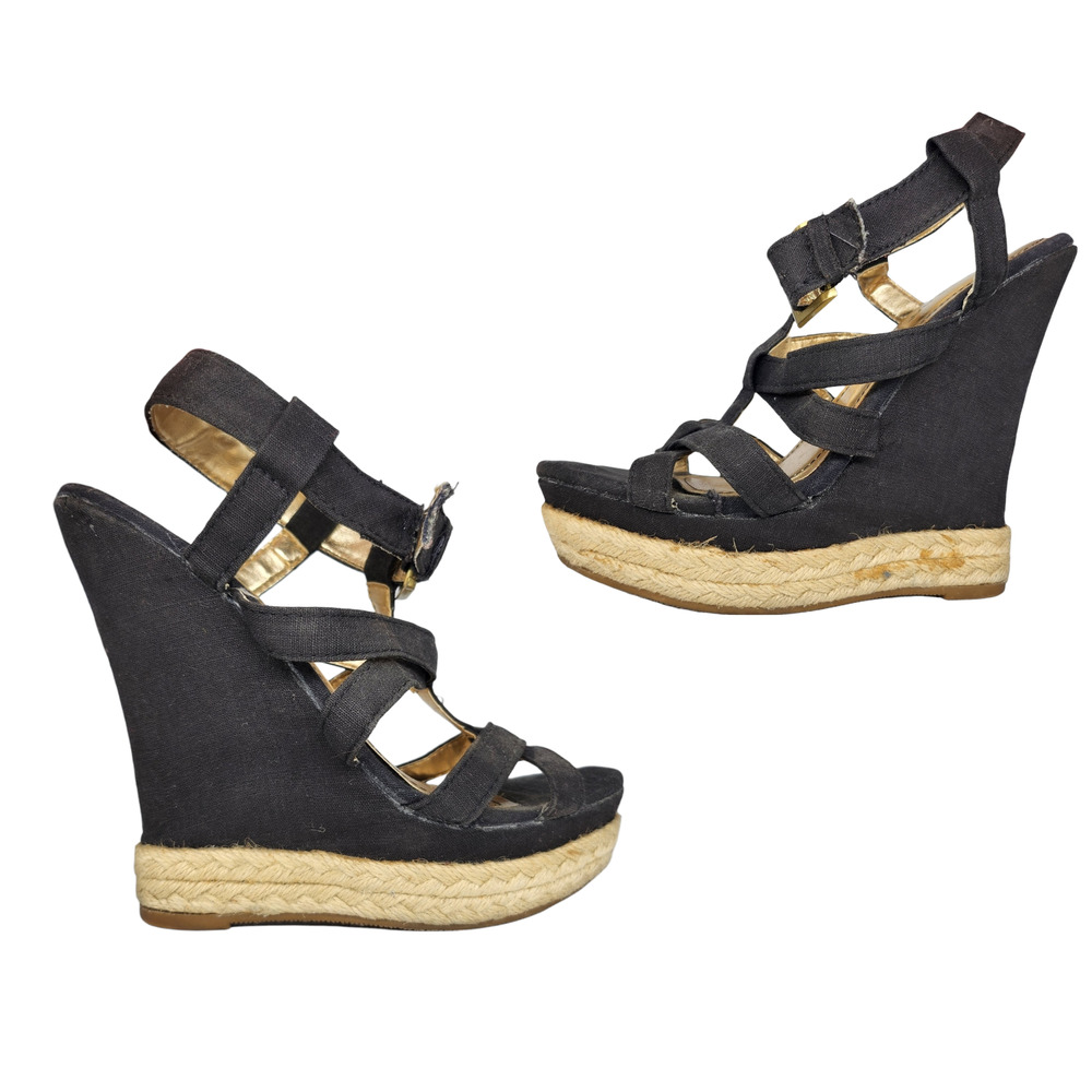Bamboo Heels 6 36 Black Strappy Fabric Wedge Espadrille Ankle Strap Platform